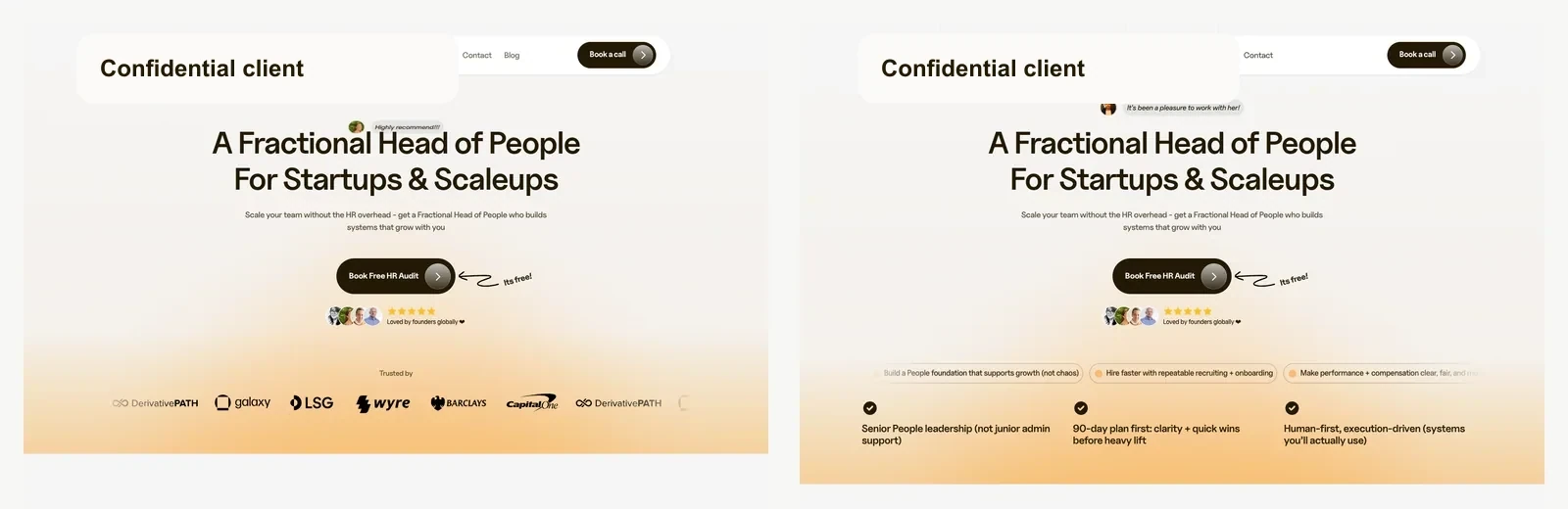 Logo-hidden before and after website comparison for a confidential HR advisory client