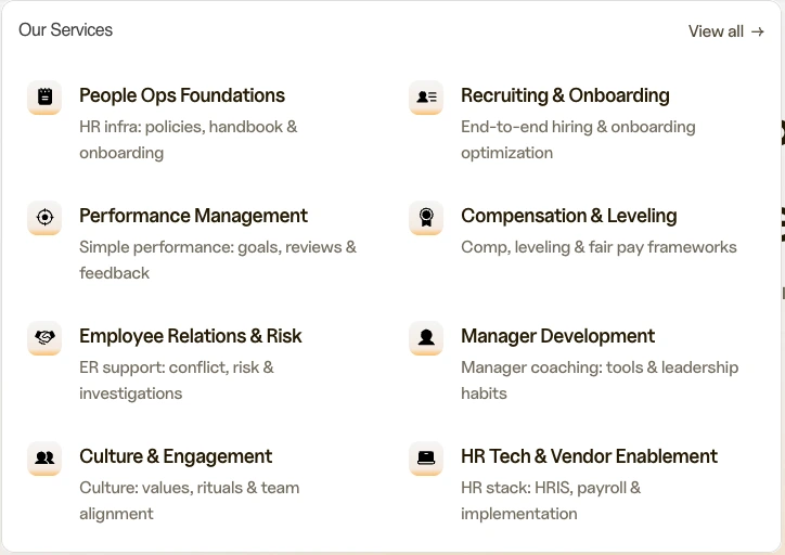 Logo-hidden service menu showing HR advisory service architecture after the rebuild