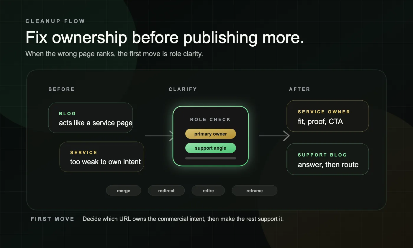 A dark cleanup flow graphic showing competing blog and service URLs becoming a clear service owner and support blog route.