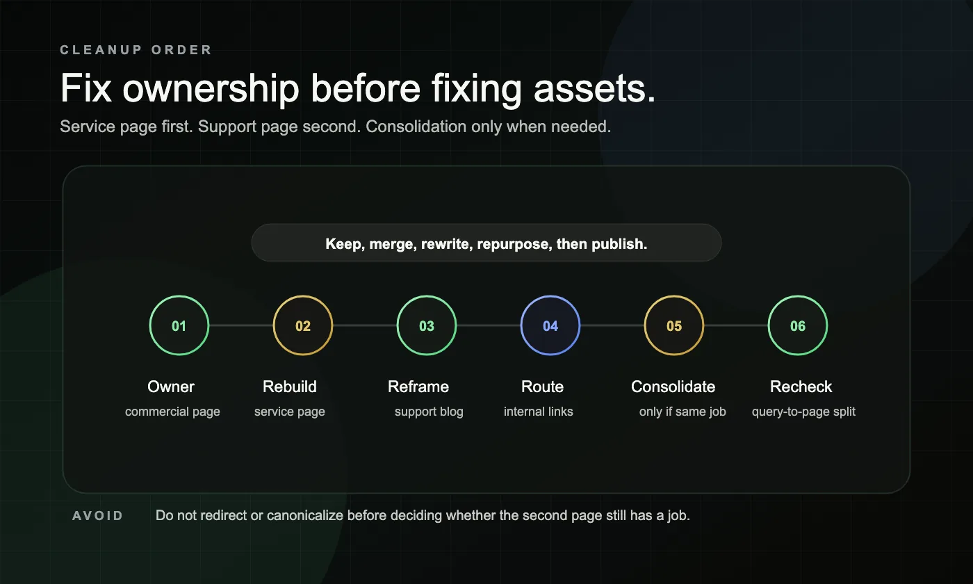 A dark cleanup order graphic showing owner, rebuild, reframe, route, consolidate, and recheck steps for keyword cannibalization.