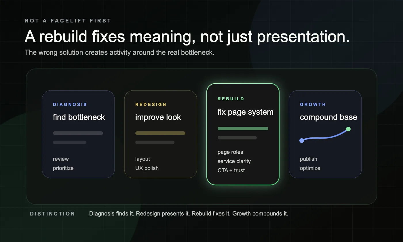 A dark comparison board showing how a Lead Gen Rebuild differs from diagnosis, redesign, and ongoing growth.