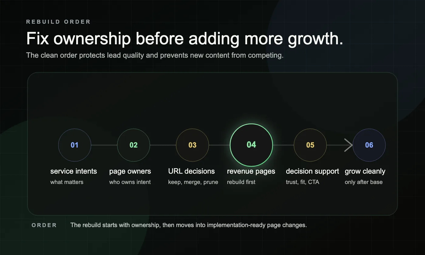 A dark workflow graphic showing the Lead Gen Rebuild order from service intents and page ownership to revenue pages, decision support, and growth.