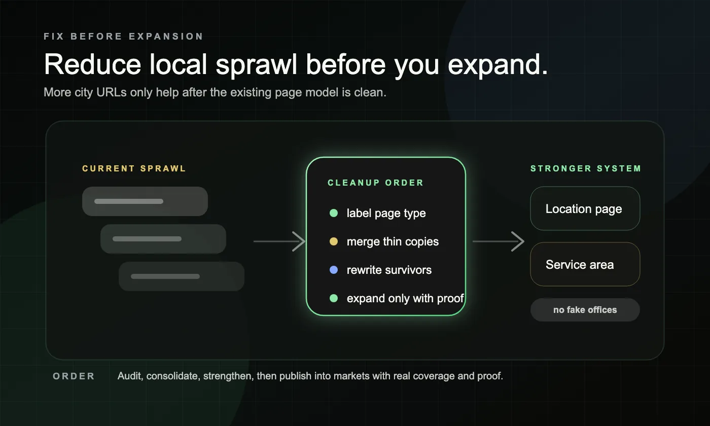 A dark cleanup order graphic showing how to reduce local page sprawl before expanding city pages.