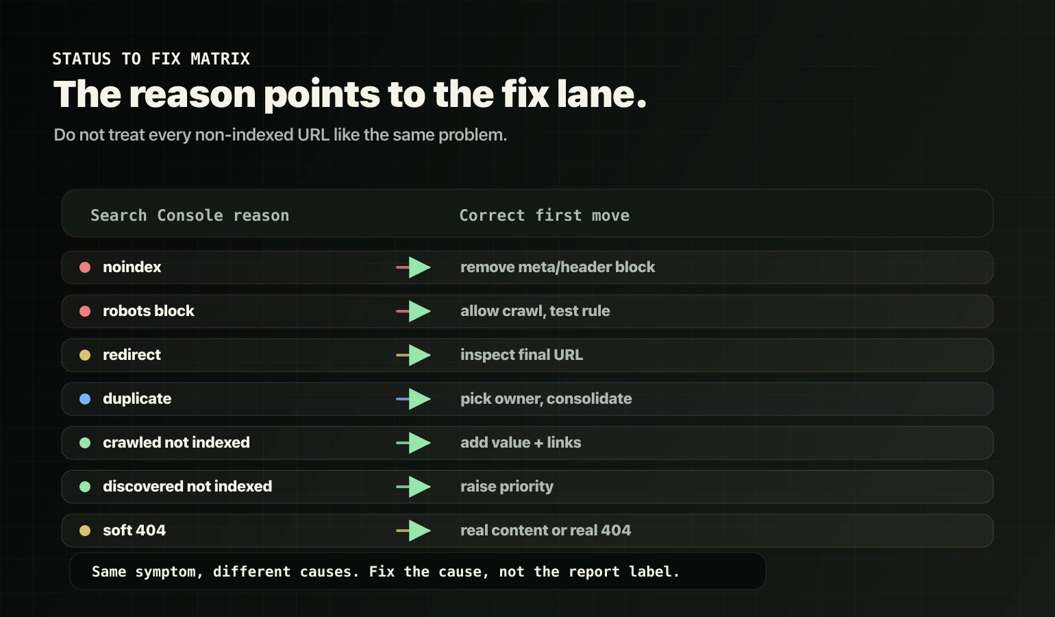 Indexing status fix matrix mapping noindex, robots block, redirects, duplicate canonical, crawled not indexed, discovered not indexed, and soft 404 to fixes