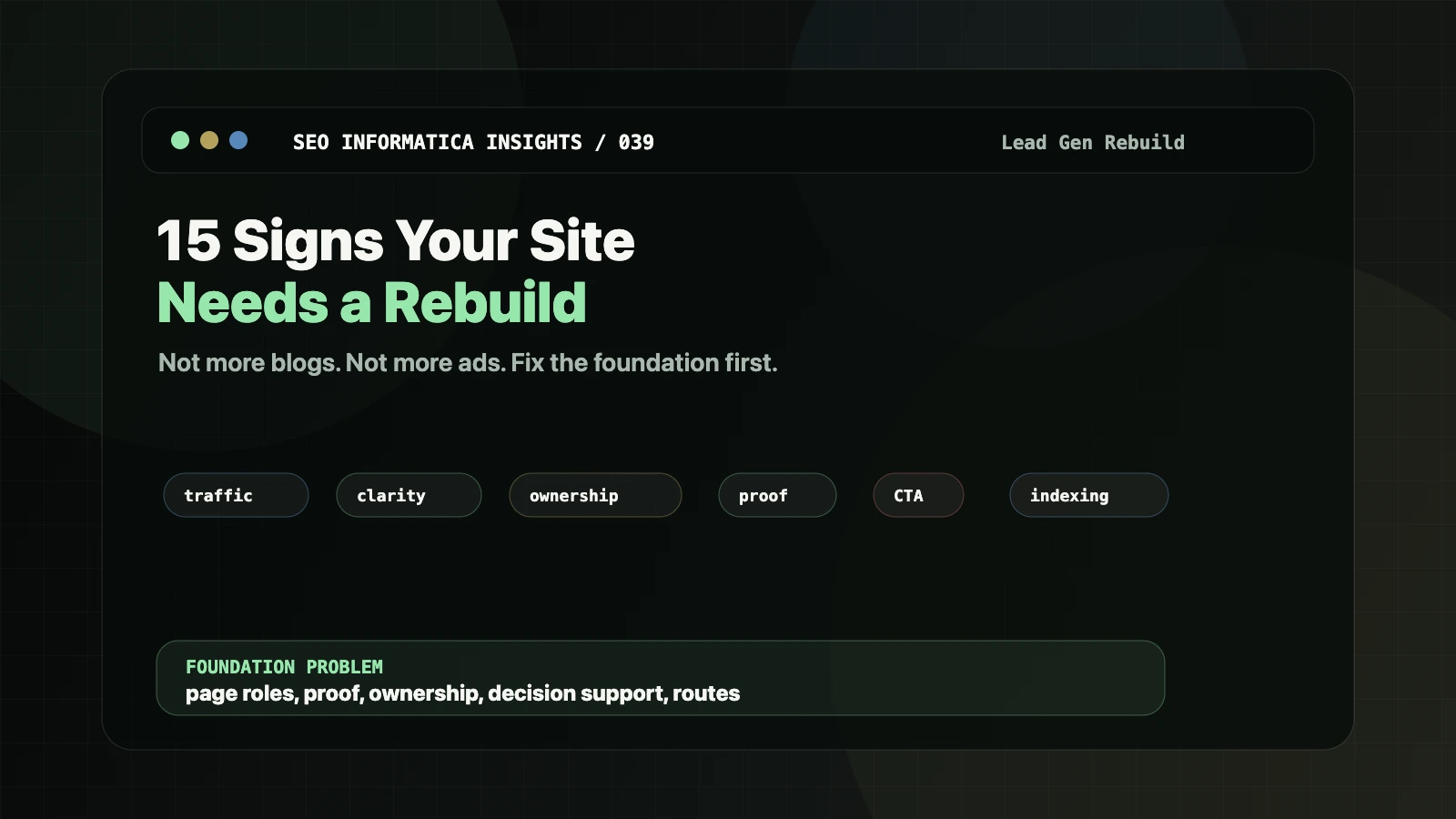 Website rebuild signals board showing traffic, clarity, ownership, proof, CTA, and technical stability issues.