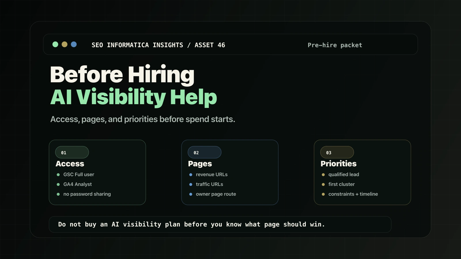 Before hiring AI visibility help pre-hire packet for access pages and priorities