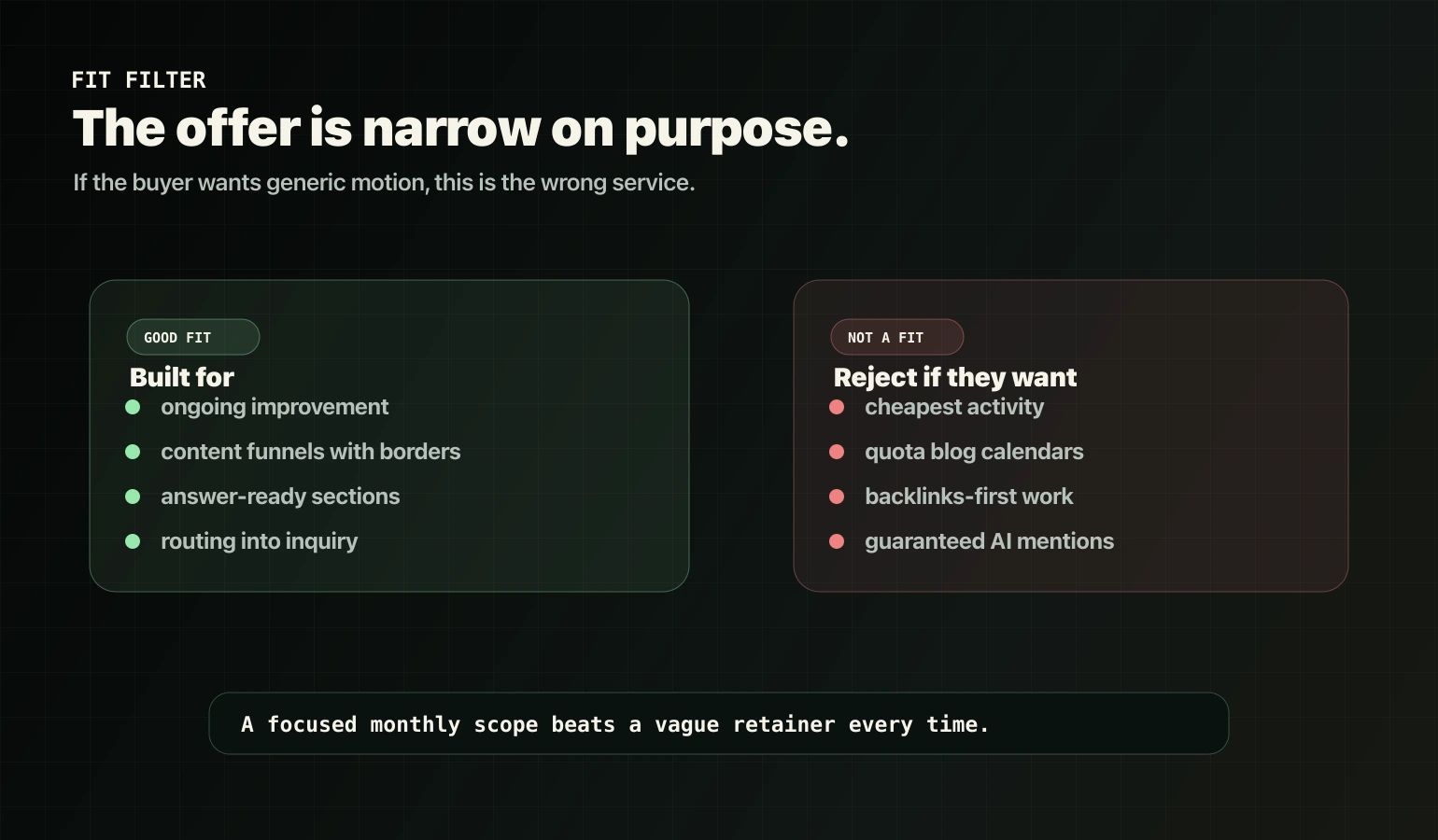 Fit filter for ongoing Search and AI visibility support for service businesses.
