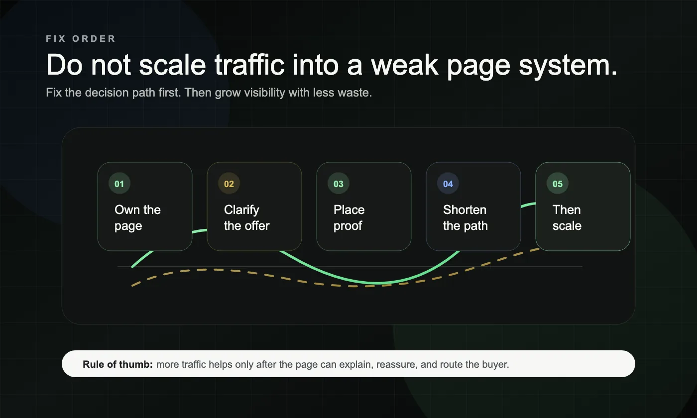 A layered fix order board showing page ownership, offer clarity, proof, path, and traffic scaling in sequence.