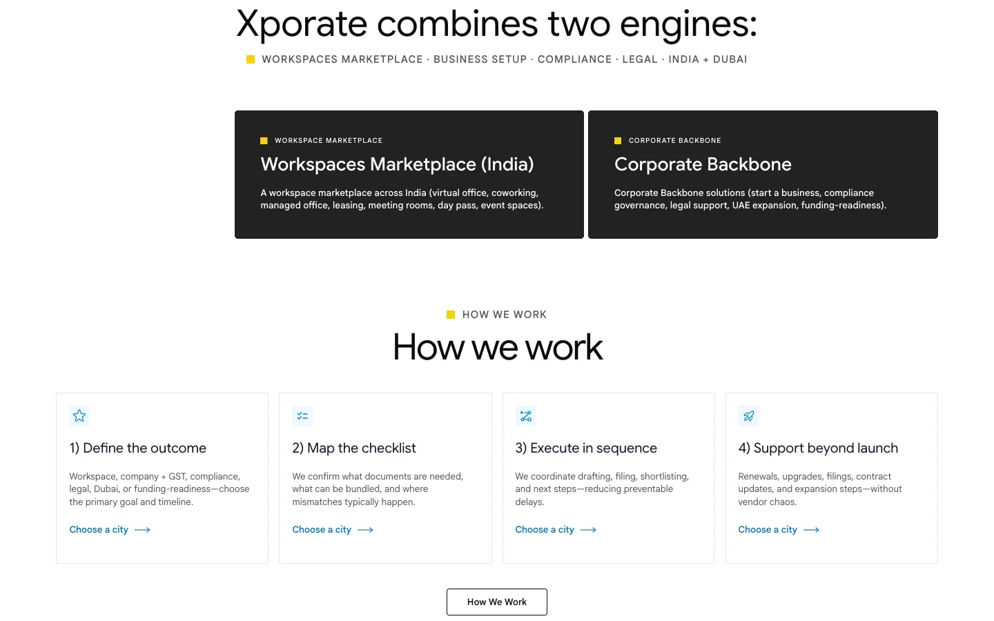 Xporate rebuilt two-engine model and how we work section