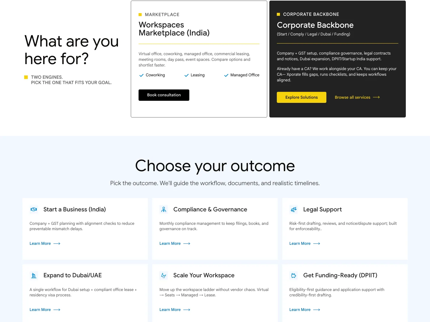 Xporate rebuilt section showing Workspaces Marketplace, Corporate Backbone, and buyer outcome cards