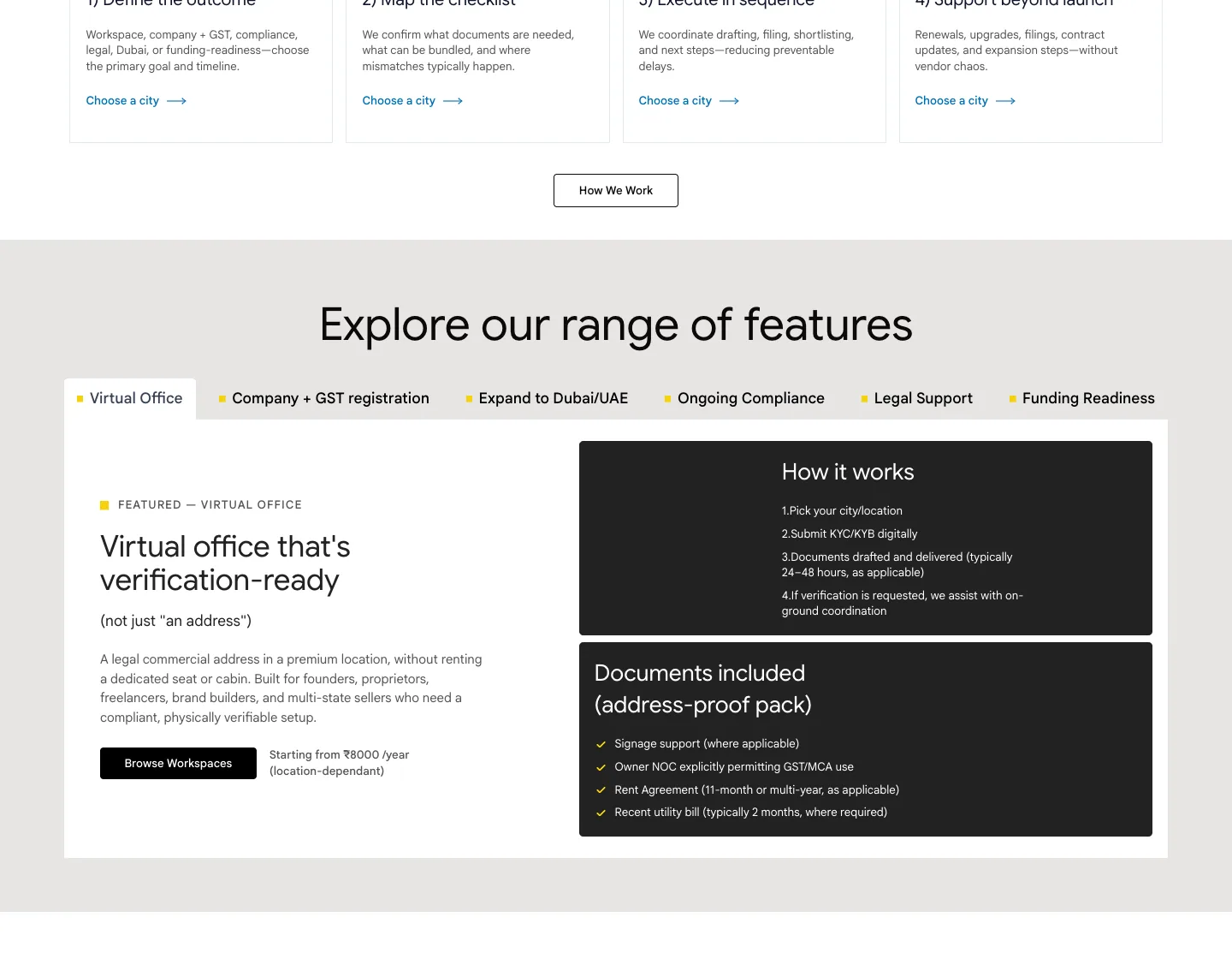 Xporate rebuilt feature section showing virtual office, company registration, UAE expansion, compliance, legal support, and funding readiness