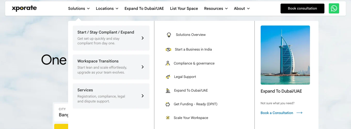 Xporate rebuilt Solutions submenu showing Start Stay Compliant Expand, Workspace Transitions, Services, and links for company setup, compliance, legal support, UAE expansion, funding readiness, and workspace scaling